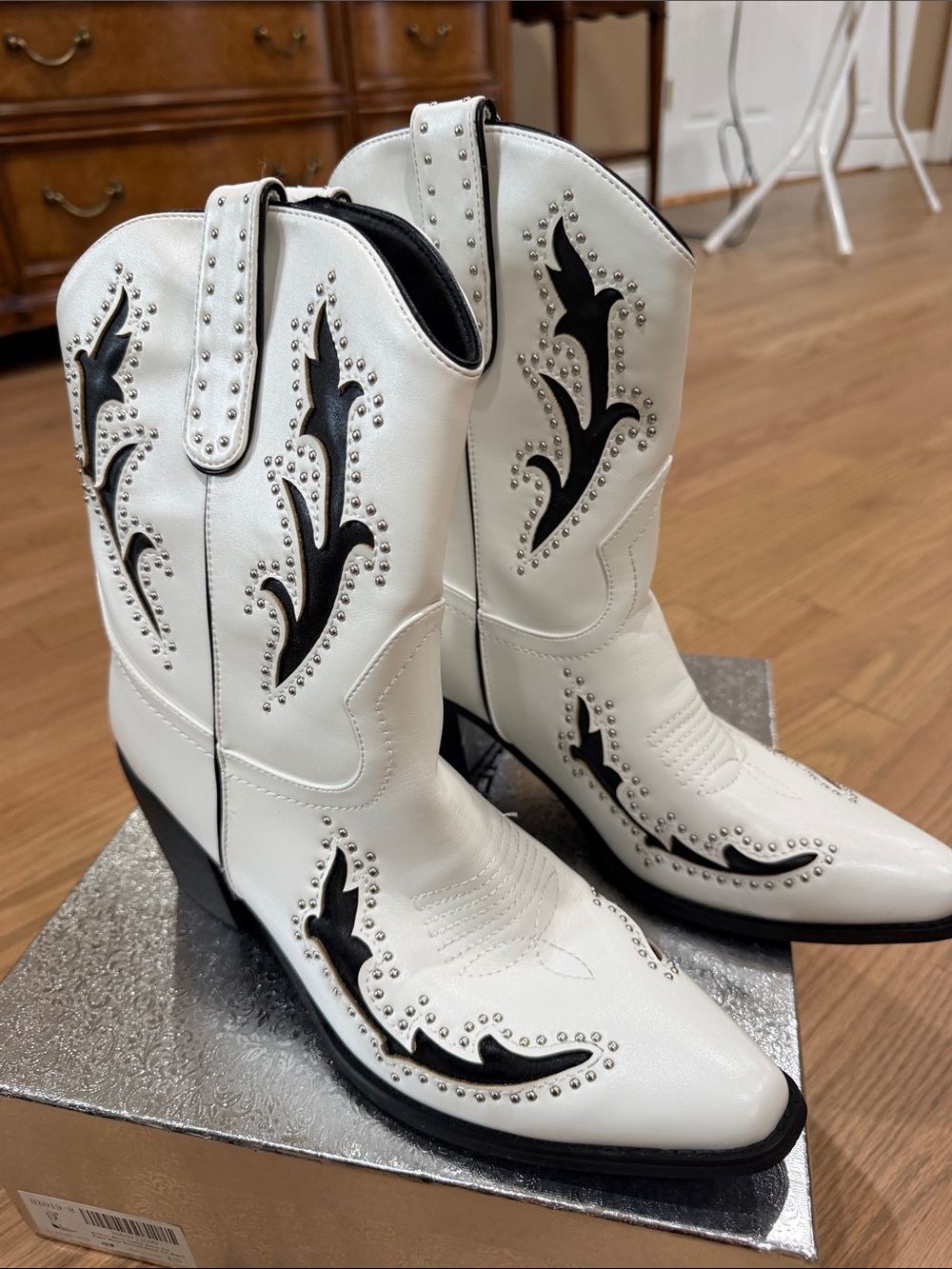 White Studded Western Mid-Calf Boots with Black Inlay